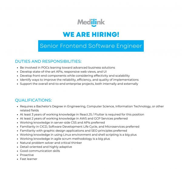 Jobtalk - Senior Front End Software Engineer vacancy in Makati! Hiring by Medilink Network Inc.