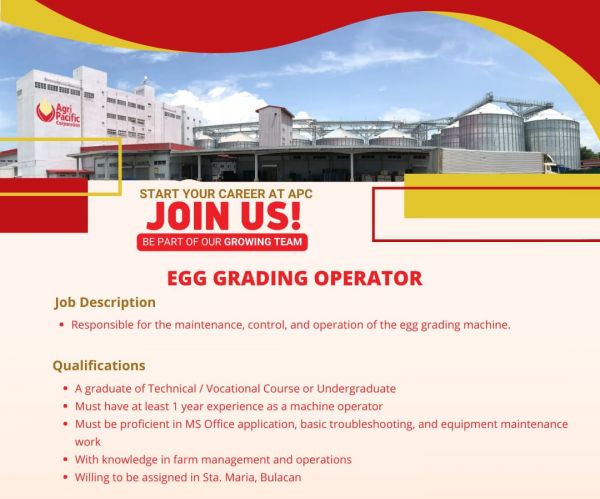 Jobtalk - Egg Grading Operator vacancy in Sta. Maria! Hiring by Agri Pacific Corporation
