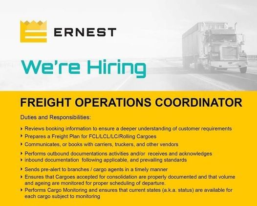 Jobtalk - Freight Operations Coordinator vacancy in Navotas! Hiring by Ernest Logistics Corporation