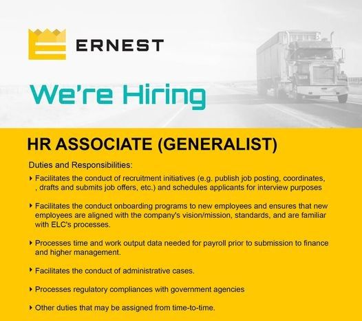 Jobtalk - HR Generalist vacancy in Navotas! Hiring by Ernest Logistics Corporation