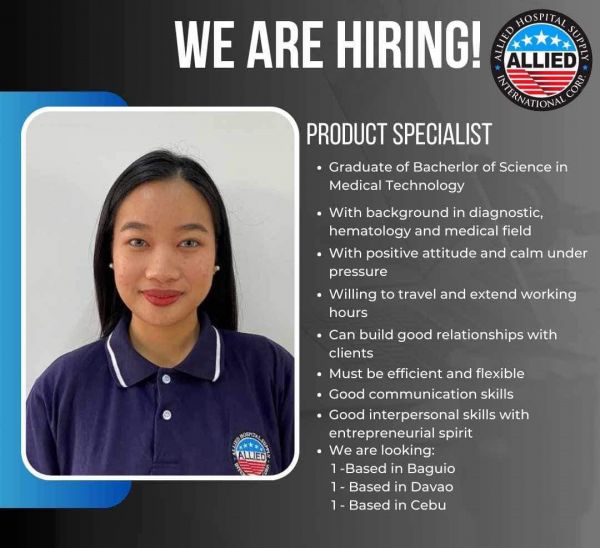 Jobtalk - Product Specialist vacancy in Baguio City! Hiring by Allied Hospital Supply International Corp.