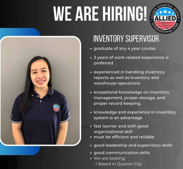 Jobtalk - Inventory Control Supervisor vacancy in Quezon City! Hiring by Allied Hospital Supply International Corp.