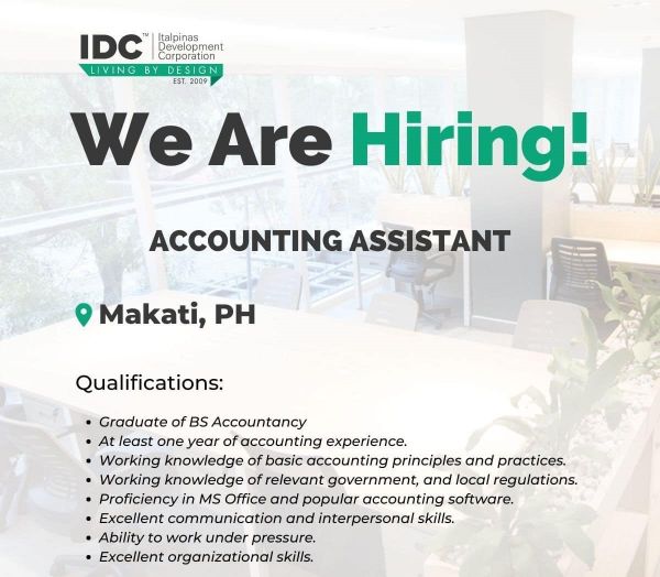 Jobtalk - Accounting Assistant vacancy in Makati! Hiring by Italpinas Development Corporation