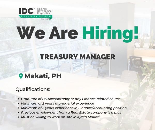 Jobtalk - Treasury Manager vacancy in Makati! Hiring by Italpinas Development Corporation