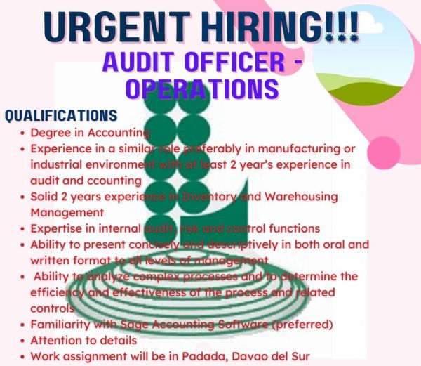 Jobtalk - Audit Officer vacancy in Padada! Hiring by The Ritz Hotel at Garden Oases