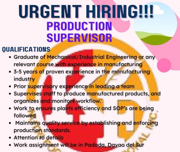 Jobtalk - Production Supervisor vacancy in Padada! Hiring by The Ritz Hotel at Garden Oases