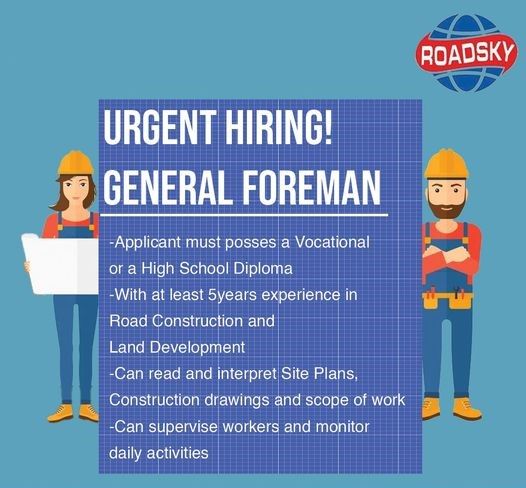 Jobtalk - Site Foreman vacancy in Meycauayan City! Hiring by Roadsky Traffic Safety Corporation