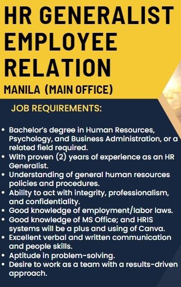 Jobtalk - HR Generalist vacancy in Malate! Hiring by Deus International Global Logistics Inc