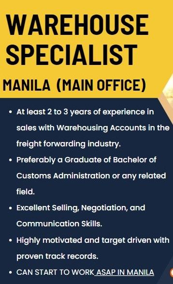 Jobtalk - Warehouse Specialist vacancy in Malate! Hiring by Deus International Global Logistics Inc