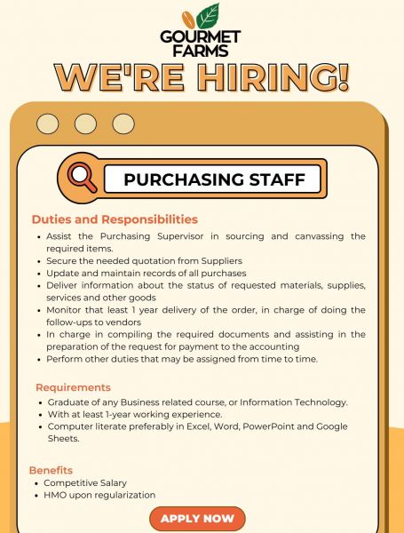 Jobtalk - Purchasing Staff vacancy in Silang! Hiring by Gourmet Farms, Inc.