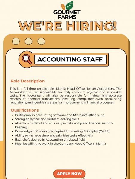 Jobtalk - Accounting Staff vacancy in Taguig City! Hiring by Gourmet Farms, Inc.