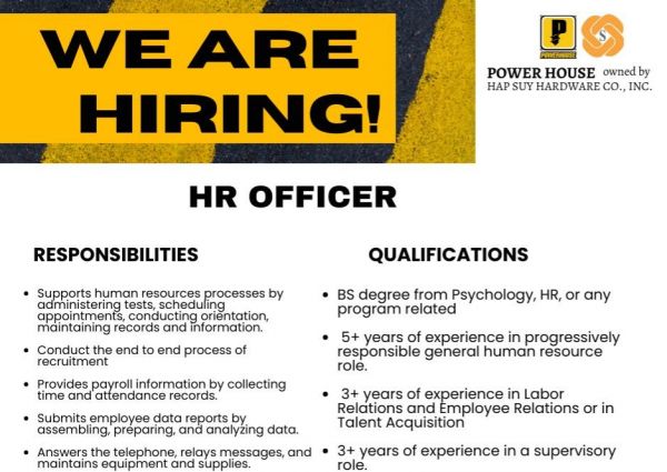 Jobtalk - HR Officer vacancy in Binondo! Hiring by Power House