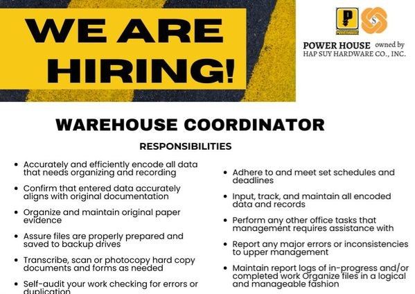 Jobtalk - Warehouse Coordinator vacancy in Binondo! Hiring by Power House