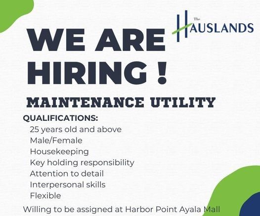 Jobtalk - Utility Staff vacancy in Subic! Hiring by The Hauslands
