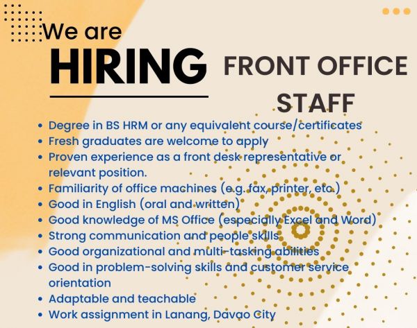 Jobtalk - Front Office Staff vacancy in Davao City! Hiring by The Ritz Hotel at Garden Oases