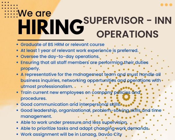 Jobtalk - Operations Supervisor vacancy in Davao City! Hiring by The Ritz Hotel at Garden Oases