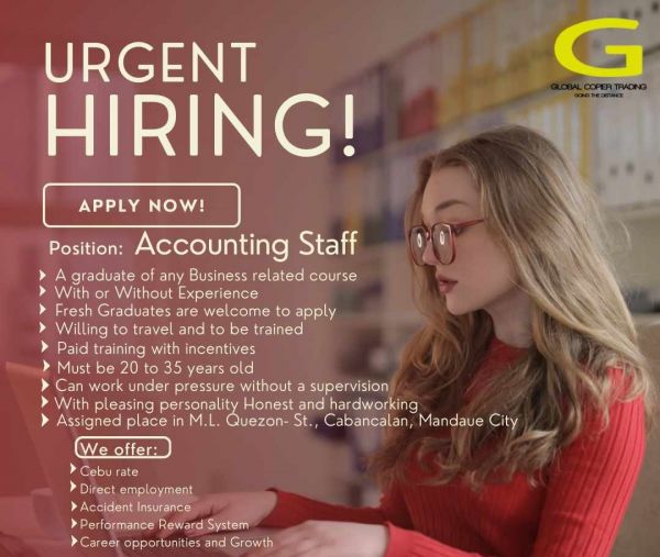 Jobtalk - Accounting Staff vacancy in Mandaue City! Hiring by Global Copier Trading