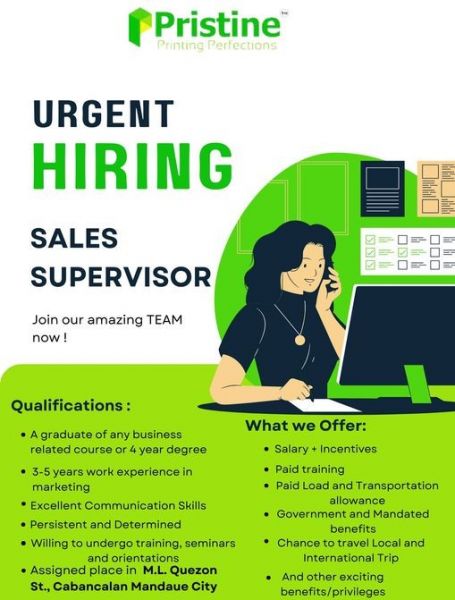 Jobtalk - Sales Supervisor vacancy in Mandaue City! Hiring by Pristine Printing Services