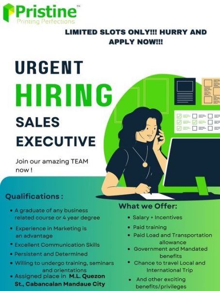 Jobtalk - Sales Executive vacancy in Mandaue City! Hiring by Pristine Printing Services