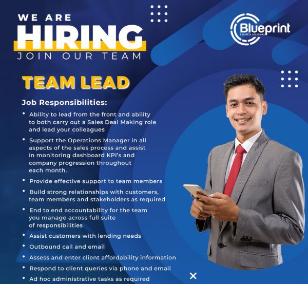 Jobtalk - Sales Team Leader vacancy in Mandaue City! Hiring by Blueprint Business Solutions Corp.
