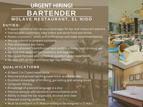 Jobtalk - Bartender vacancy in El Nido! Hiring by Molave