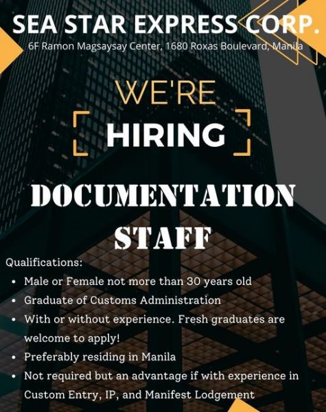 Jobtalk - Documentation Specialist vacancy in Malate! Hiring by Sea Star Express Corp.