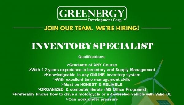 Jobtalk - Inventory Control Specialist vacancy in Cagayan De Oro City! Hiring by Greenergy Development Corp.