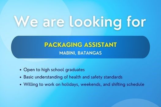 Jobtalk - Packaging Assistant vacancy in Mabini! Hiring by Seaoil Philippines, Inc.