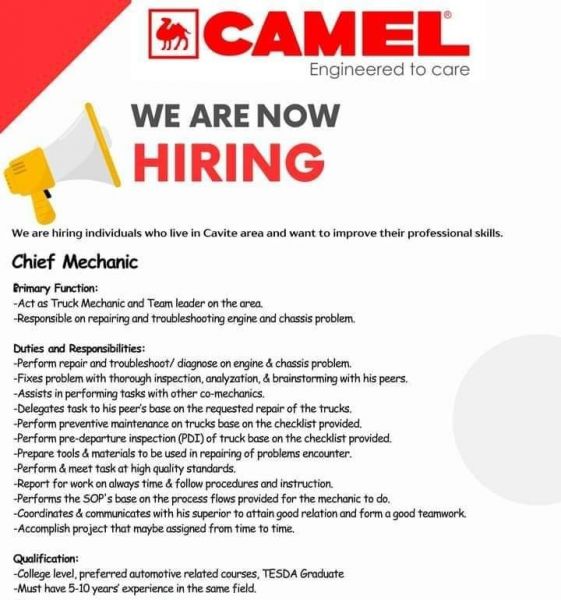 Jobtalk - Chief Mechanic vacancy in Imus City! Hiring by Camel Appliances Manufacturing Corp.