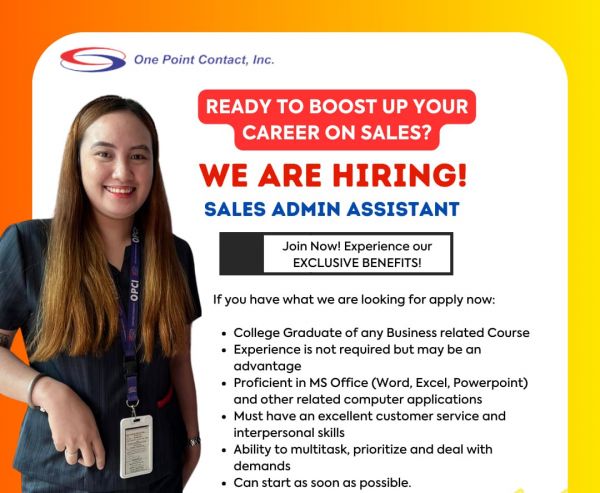 Jobtalk - Sales Admin Assistant vacancy in Pasig! Hiring by One Point Contact, Inc.