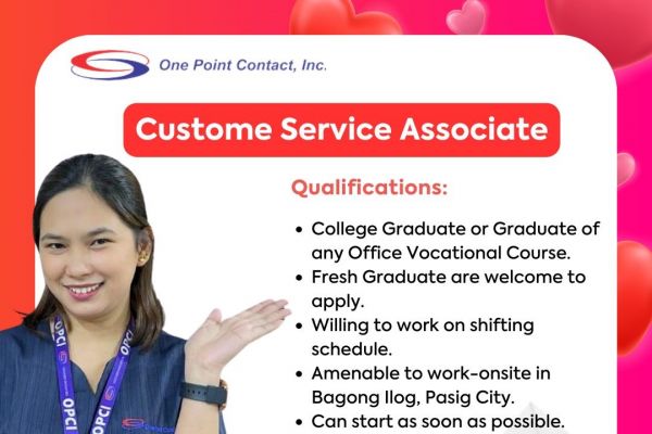 Jobtalk - Customer Service Associate vacancy in Pasig! Hiring by One Point Contact, Inc.