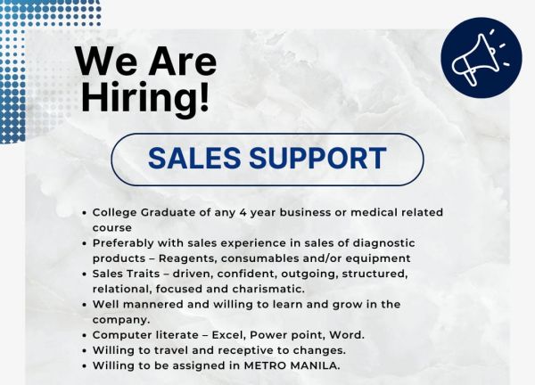 Jobtalk - Sales Support Specialist needed for  field work in Metro Manila area