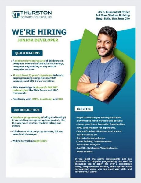Jobtalk - Junior Software Developer vacancy in San Juan! Hiring by Thurston Software Solutions, Inc.