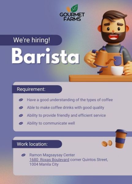 Jobtalk - Barista vacancy in Malate! Hiring by Gourmet Farms, Inc.