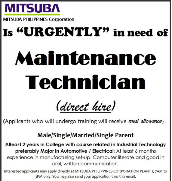 Jobtalk - Maintenance Mechanic vacancy in Dasmariñas City! Hiring by Mitsuba Philippines Corporation