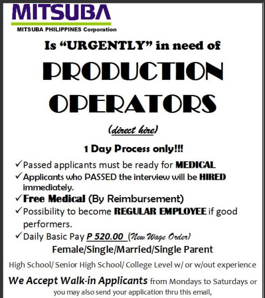 Jobtalk - Production Operator vacancy in Dasmariñas City! Hiring by Mitsuba Philippines Corporation