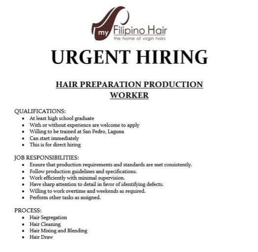 Jobtalk - Production Worker vacancy in San Pedro City! Hiring by The Filipino Human Hair Processing and Development Corp.