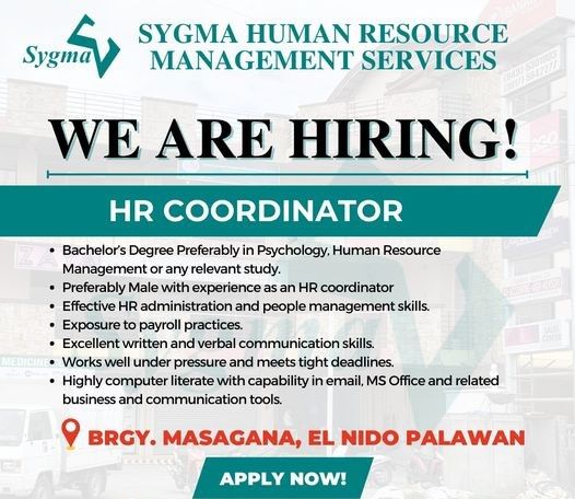 Jobtalk - HR Coordinator vacancy in El Nido! Hiring by Sygma Human Resource Management Services
