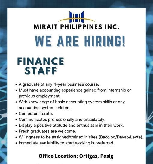 Jobtalk - Finance Staff vacancy in Pasig! Hiring by Mirait Philippines Inc.