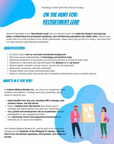 Jobtalk - Lead Recruiter vacancy in Makati! Hiring by Achieve Without Borders, Inc.
