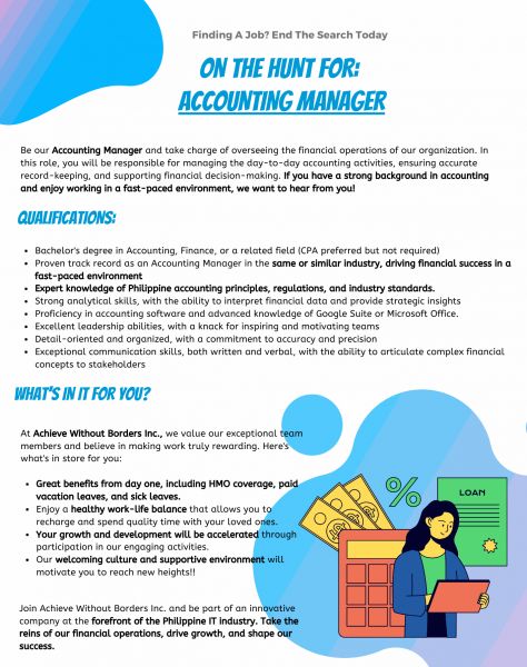 Jobtalk - Accounting Manager vacancy in Makati! Hiring by Achieve Without Borders, Inc.