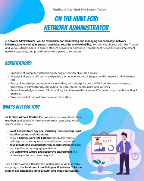 Jobtalk - Network Administrator vacancy in Makati! Hiring by Achieve Without Borders, Inc.