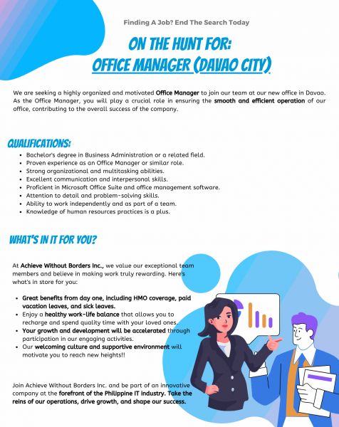 Jobtalk - Office Manager vacancy in Davao City! Hiring by Achieve Without Borders, Inc.