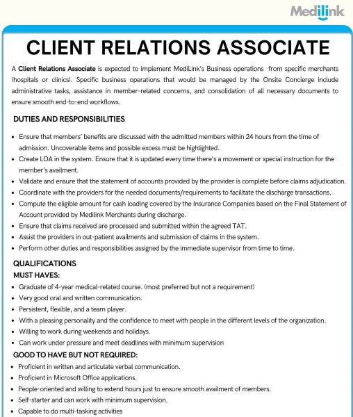 Jobtalk - Customer Relations Associate vacancy in Marikina! Hiring by Medilink Network Inc.