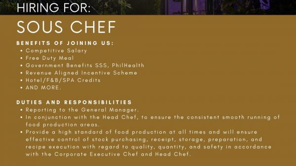 Jobtalk - Sous Chef vacancy in Makati! Hiring by I'M Hotel
