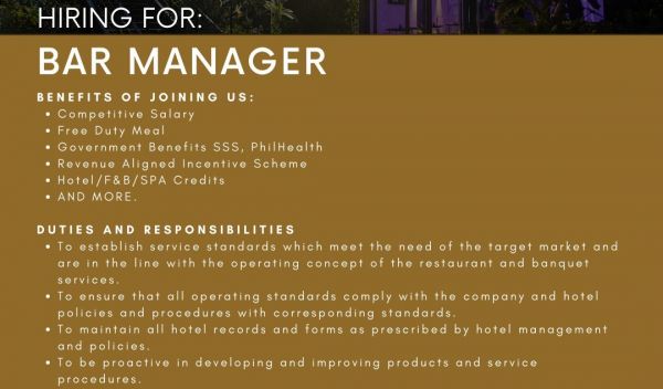 Jobtalk - Bar Manager vacancy in Makati! Hiring by I'M Hotel