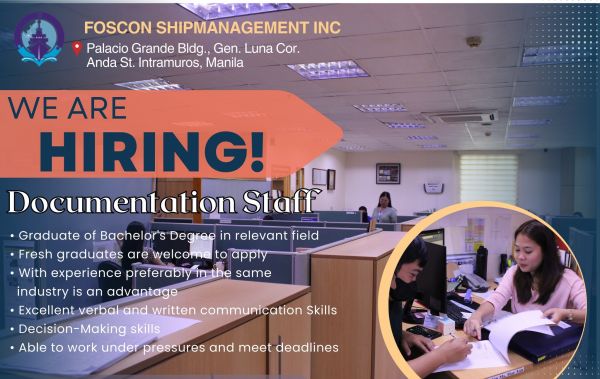 Jobtalk - Documentation Staff vacancy in Intramuros! Hiring by FOSCON Shipmanagement Inc.