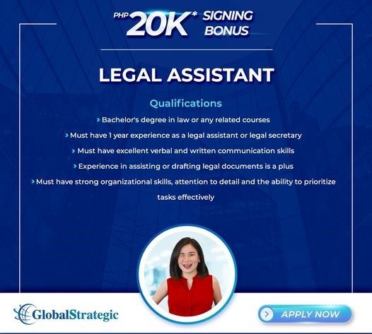 Jobtalk - Legal Assistant vacancy in Mandaluyong! Hiring by Global Strategic Business Solutions Inc.