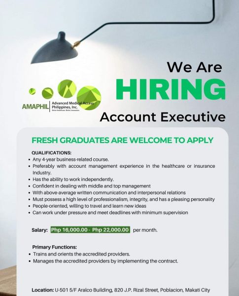 Jobtalk - Account Executive vacancy in Makati! Hiring by Advanced Medical Access Philippines (AMAPHIL) Inc.