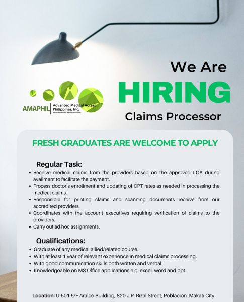 Jobtalk - Claims Specialist vacancy in Makati! Hiring by Advanced Medical Access Philippines (AMAPHIL) Inc.
